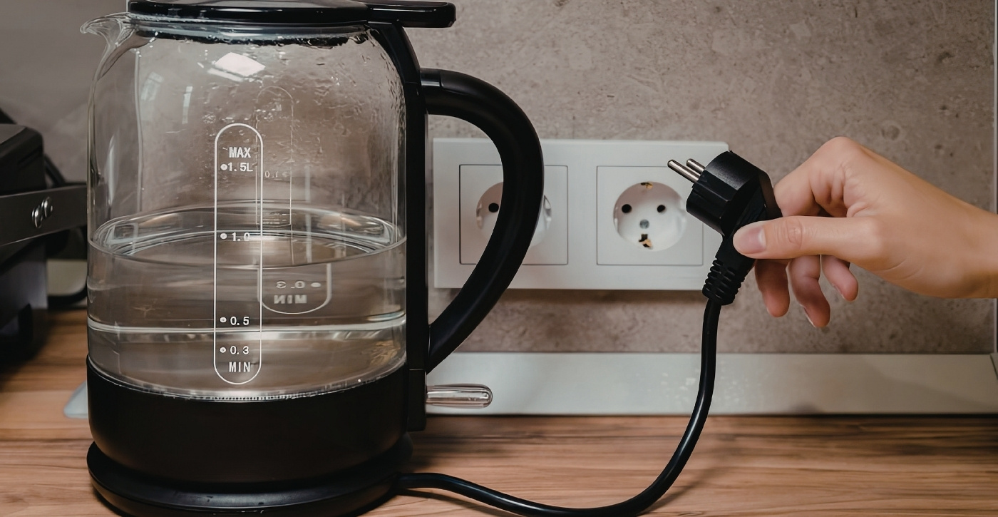 Egy konyhai háztartási gép csatlakozójának kihúzása a konnektorból, szemléltetve a tudatos rezsicsökkentés folyamatát.