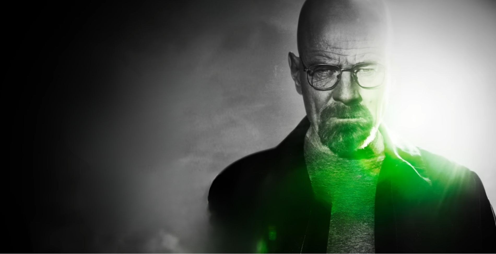 Bryan Cranston mint Walter White a Netflix Totál szívás című krimi sorozatában, zöldes fényben úszó drámai portré.